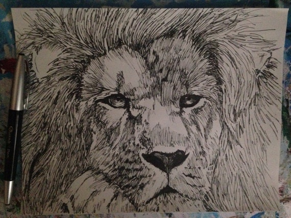 Items similar to Lion pen drawing (print) on Etsy