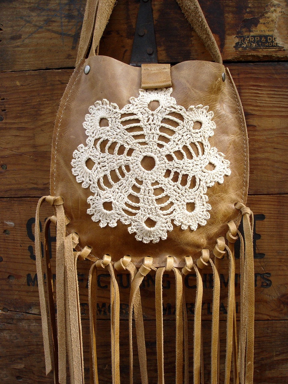 Tan Leather Crossbody Bag with Fringe and by UrbanHeirlooms