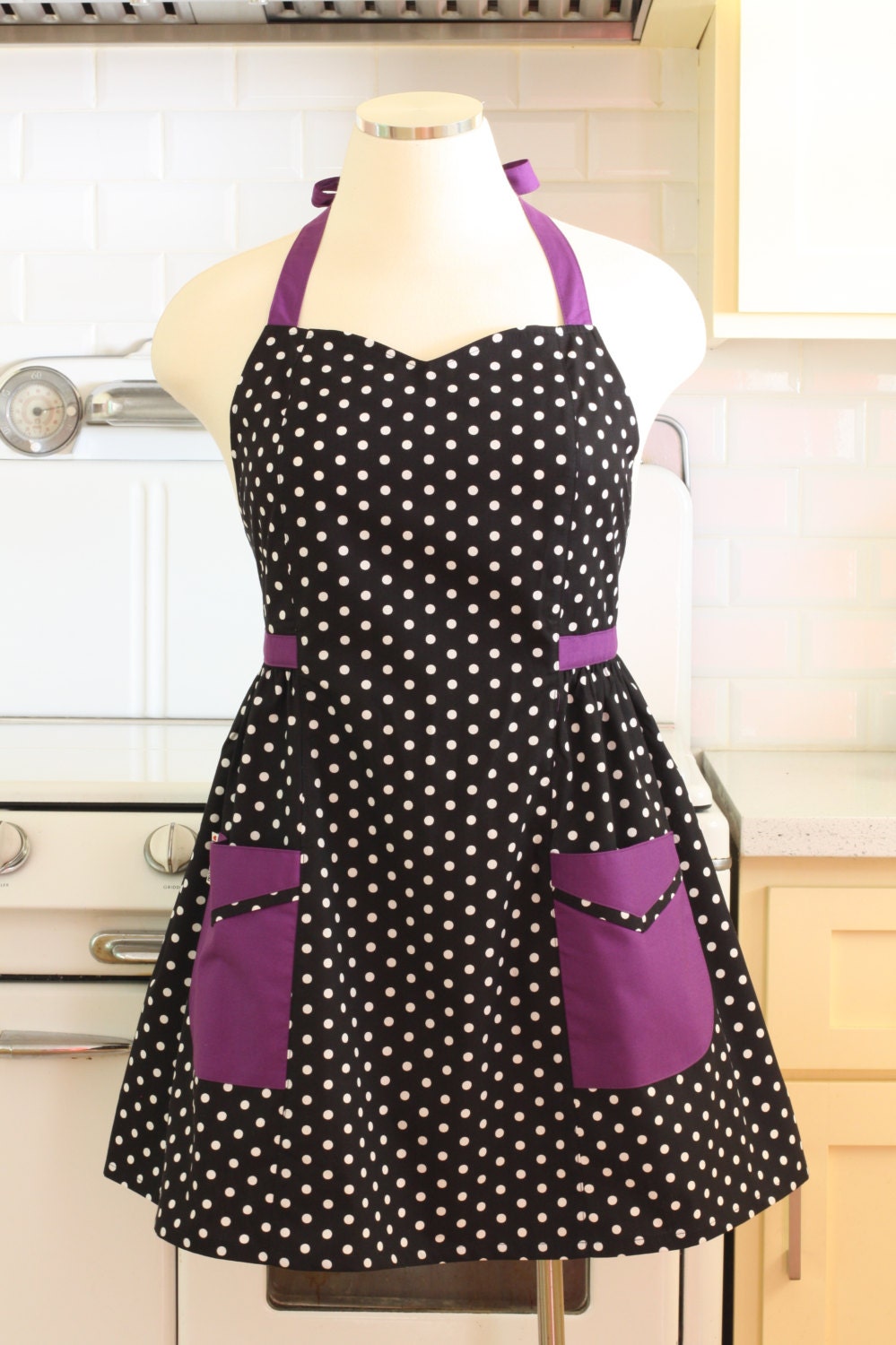 Plus Size Apron Polka Dot Black White with Purple