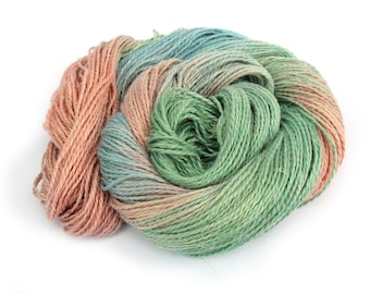 Double knitting yarn, hand dyed DK baby alpaca linen silk blend light worsted crochet yarn skein, Perran Yarns Years Gone By green blue pink