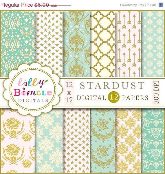 50% off Elegant Damask digital scrapbook papers with quatrefoil, pink, turquoise, gold Printable DIGITAL DOWNLOAD Il_570xn