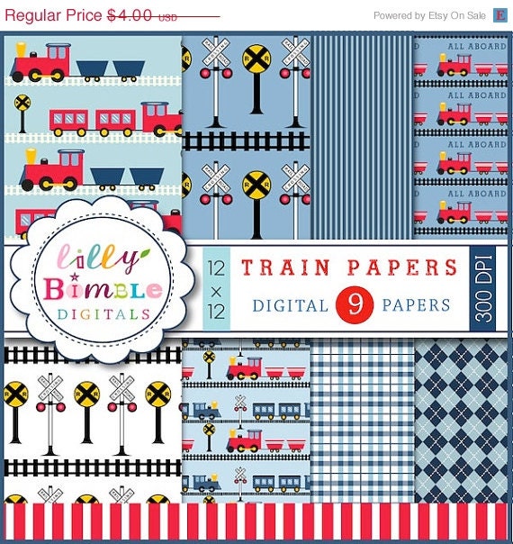 50% off Train Collection Digital scrapbook papers blue and red trains, boys birthday paper INSTANT DOWNLOAD Il_570xn