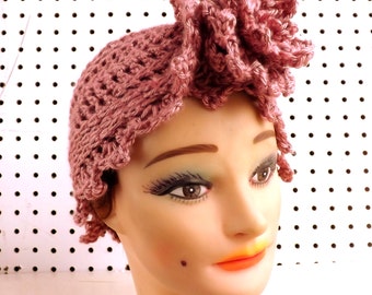 Pink Crochet Hat Womens Hat, Womens Crochet Hat, Womens Turban Hat, Crochet Flower, Plum Wine, Pink Hat, Alejandra Turban Hat, Crochet Hat