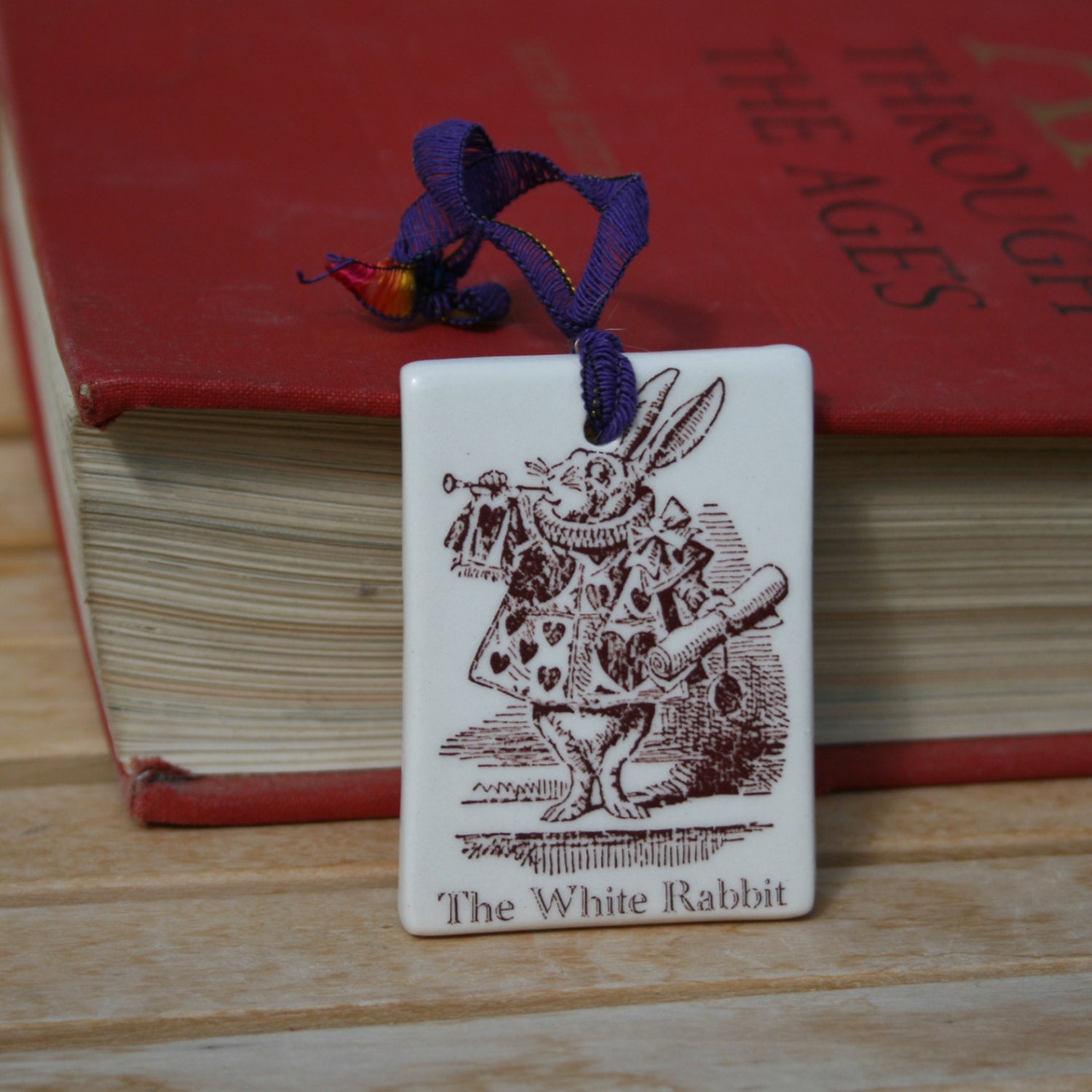 Alice in Wonderland - The White Rabbit - handmade tile ornament with lavender ribbon - holiday ornament
