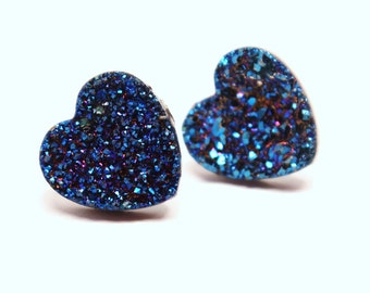 Blue Druzy Heart Stud Earrings Metallic Love Bold Genuine Titanium Drusy Quartz Gemstone Jewelry for Women Sterling Silver Posts Wedding