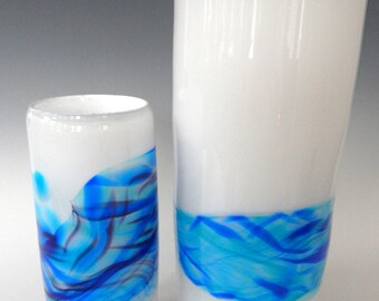 Large Sea and Sky Blue Band Decorative Hand Blown Art Glass Vase by Rebecca Zhukov
