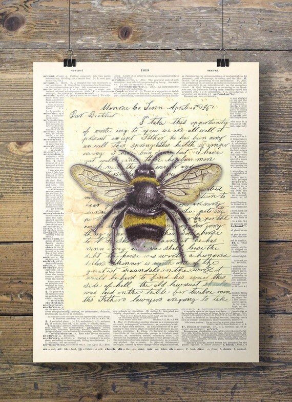 Bumble Bee On A Book Page Printable Art Vintage Dictionary