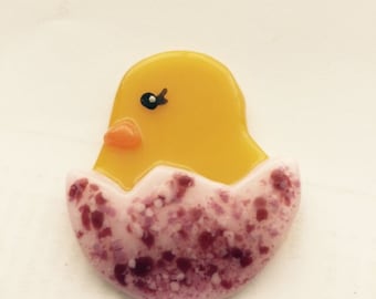Fused Glass Chick-n-Egg Brooch Pin