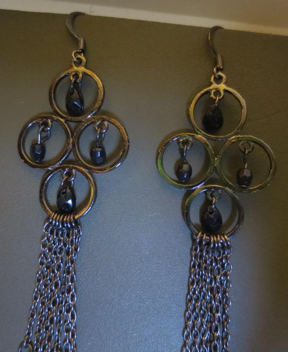 Aged Silver Black Beads Very Long Beaded Chain Earrings