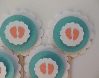Baby Footprint Cupcake Toppers - Coral, White and Teal - Gender Neutral Baby Shower Decorations - Gender Reveal Party - Set of 6