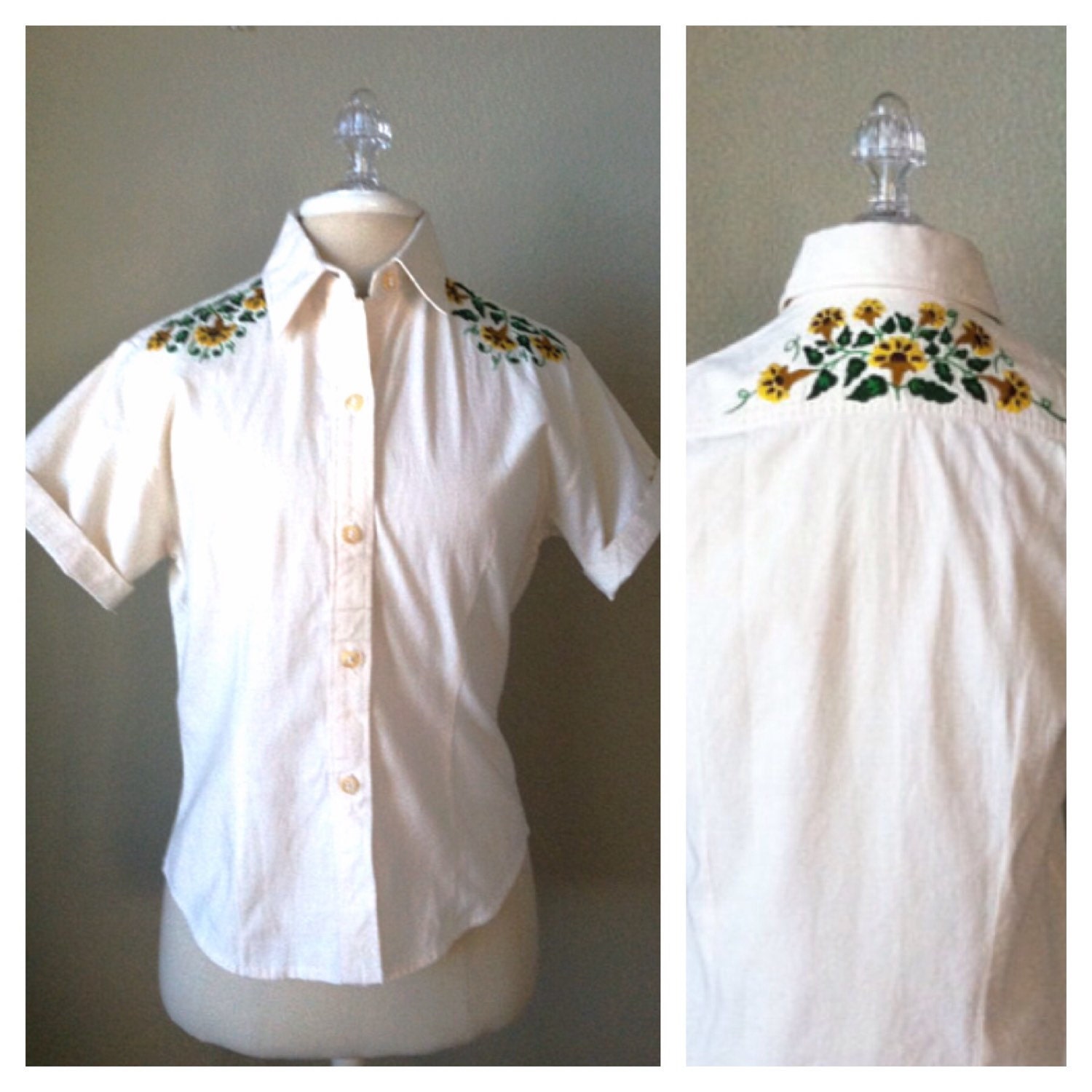 Vintage 70s hippie embroidered shirt / boho / button down / white