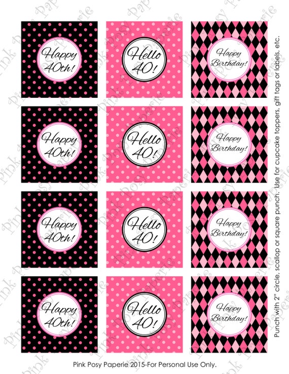 Printable 40th Birthday Pink and Black Cupcake Toppers 