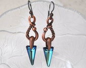 Copper earrings, Blue Earrings, Spike Earrings, Dangle, Bermuda Blue, Swarovski Crystals, Niobium Ear Wires, Blue Crystals Copper earrings, Blue Earrings, Spike Earrings, Dangle, Bermuda Blue, Swarovski Crystals, Niobium Ear Wires, Blue Crystals