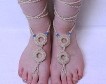 Barefoot sandals lace up anklet beads Boho Gypsy turquoise silk