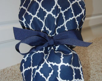 Turn Up Ponytail Scrub Hat in Navy Blue Lattice Quatrefoil CHOOSE RIBBON COLOR