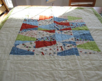 Pieced Boys Crib Quilt with Scoot Fabric designed by Riley Blake