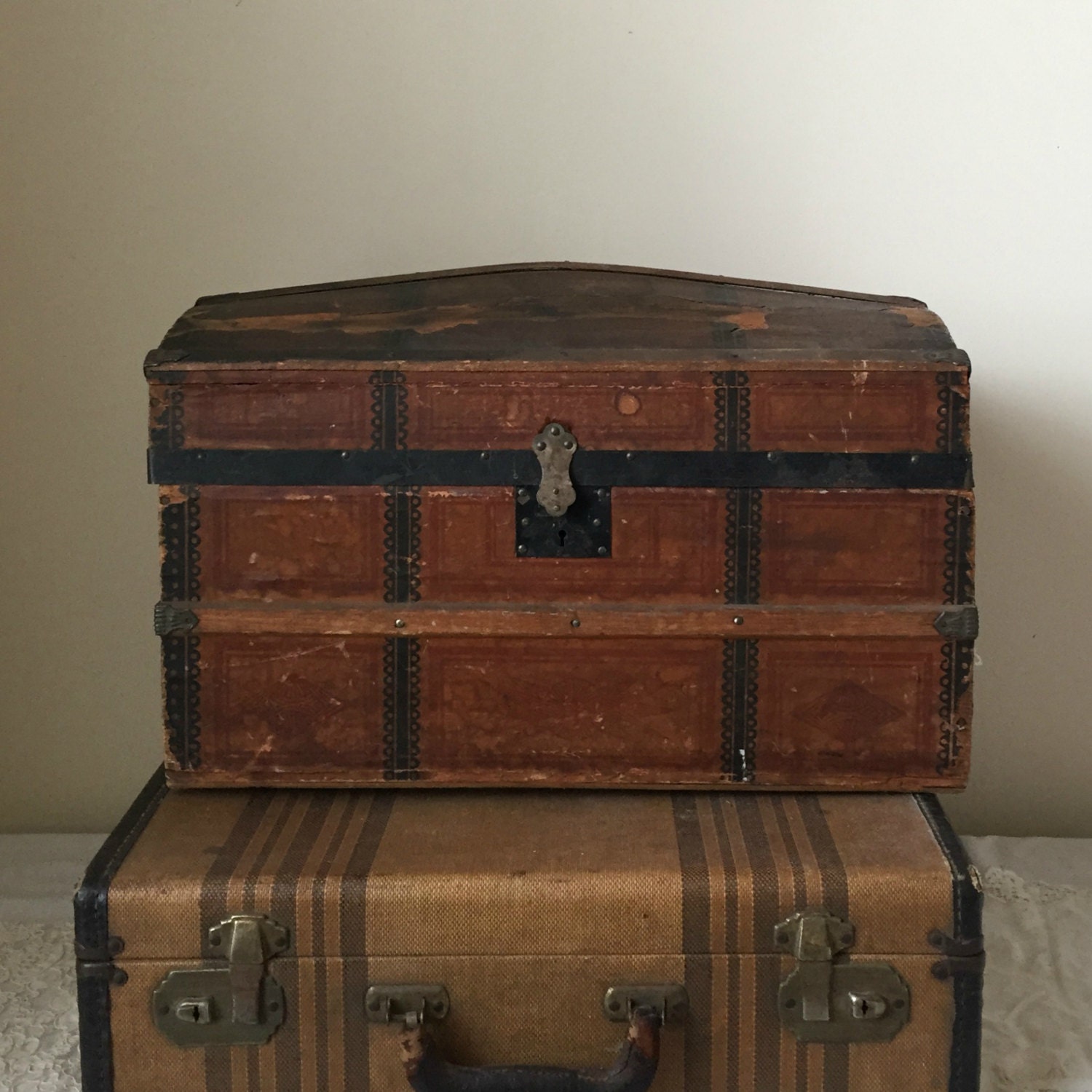 small antique camelback wood trunk