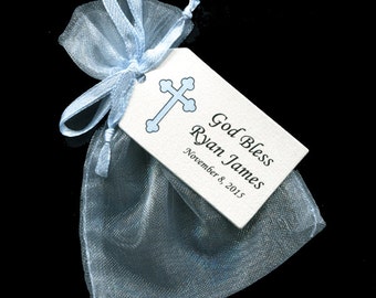 Boys Baptism Favor Bags - Christening Favor - Favor Tag - Favor Bag - Candy Bag - Personalized Tag - Blue Organza Bag - Blue Cross