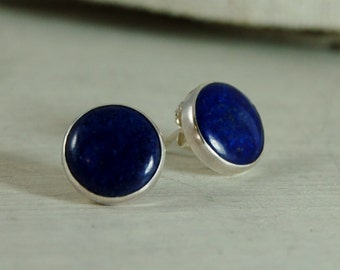 Sterling Silver .925 Navy Blue Lapis Lazuli 9mm Round Handmade Stud Earrings for Women and Men