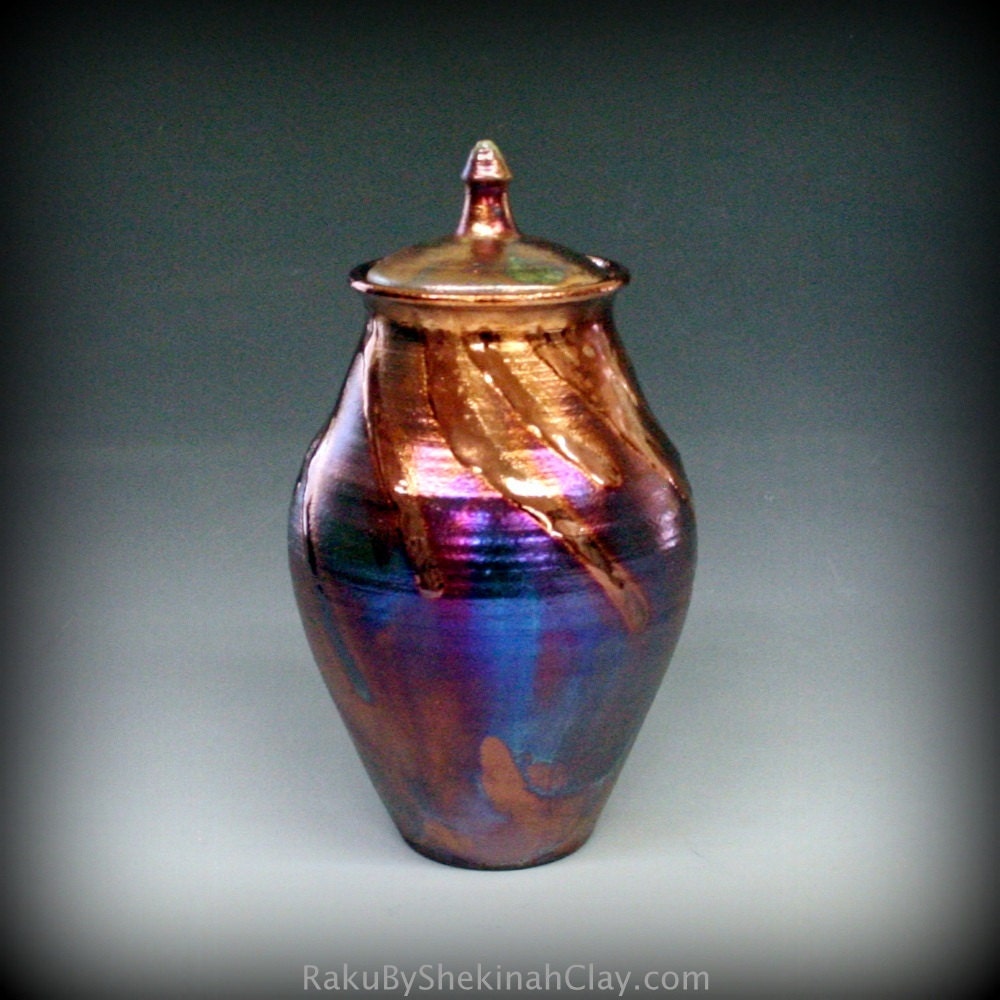 Raku Urn Raku Pottery Raku Lidded Vase Copper Blue Fuscia