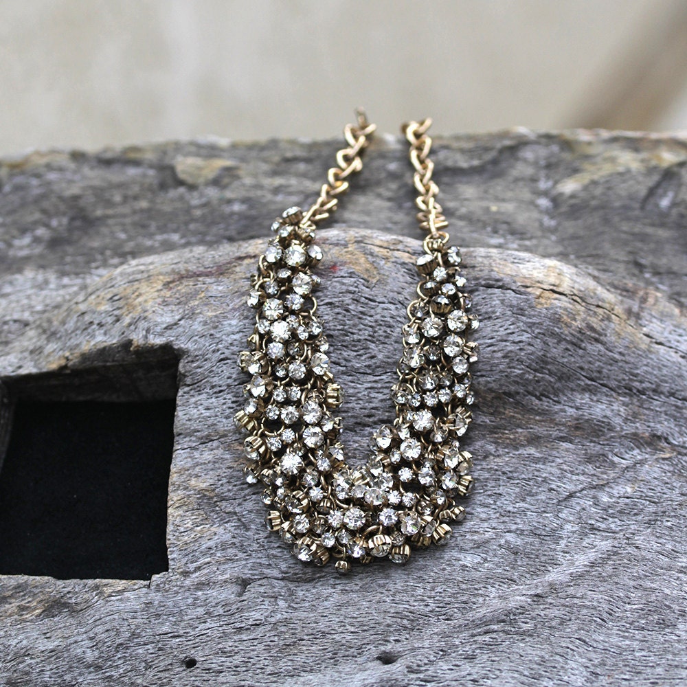 J CREW Gold Statement Mesh Crystal Cluster Necklace