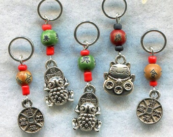 Chinese New Year Knitting Stitch Markers Lucky Money Fortune Cat Maneki Neko Set of 5 / SM18
