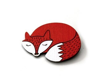 Fox Brooch, Painted Wooden Fox Badge, Wood Jewelry, Animal Brooch