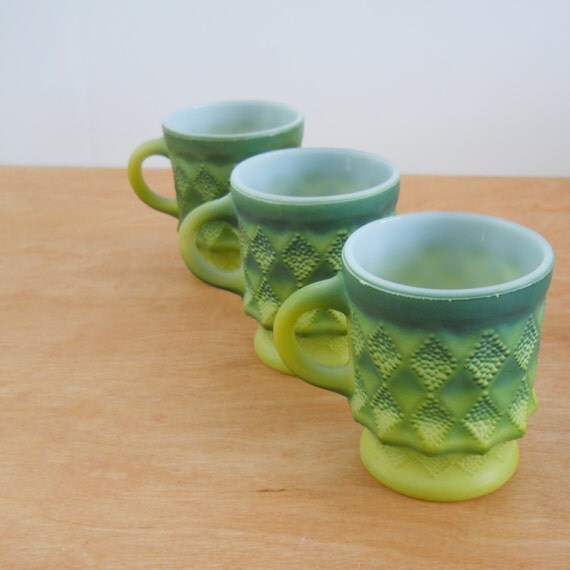 Vintage Kimberly Coffee Mugs Green Fire King Cups Set of 3