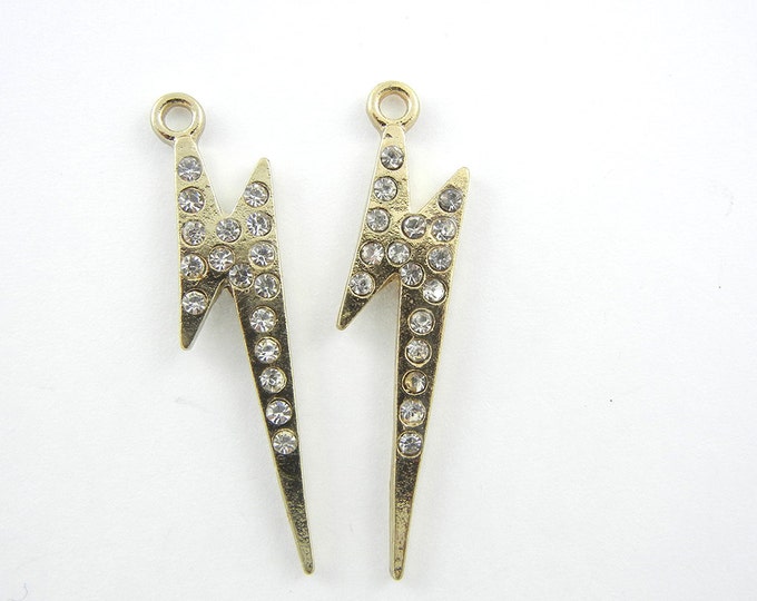 Pair of Small Gold-tone Lightning Bolt Charms with Rhinestones