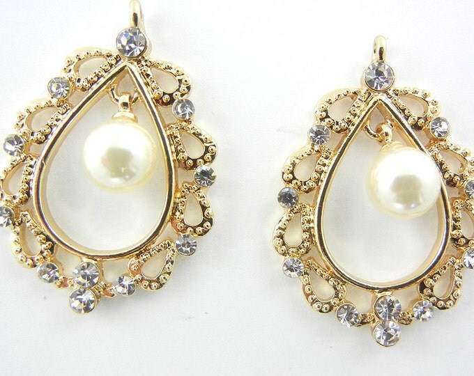 Pair of Gold-tone Filigree Faux Pearl Drop Charms Rhinestone Accents