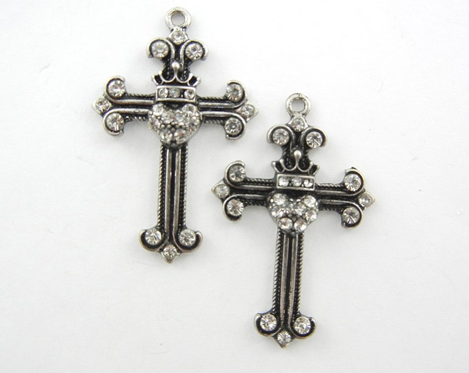 Pair of Antique Silver-tone Cross Charms with Rhinestones