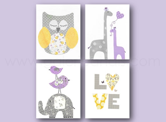 Purple yellow and gray Nursery Art baby girl nursery decor kids art love Owl giraffe nursery wall art elephant nursery Set of 4 prints by GalerieAnais