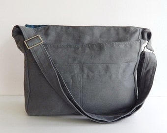Sale - Grey Linen Tote, purse, shoulder bag, cross body, messenger, everyday bag - MELANIE