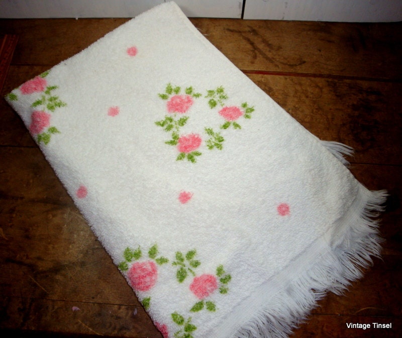 Vintage Dish Towel Cotton Terry Cloth Pink Roses Cottage