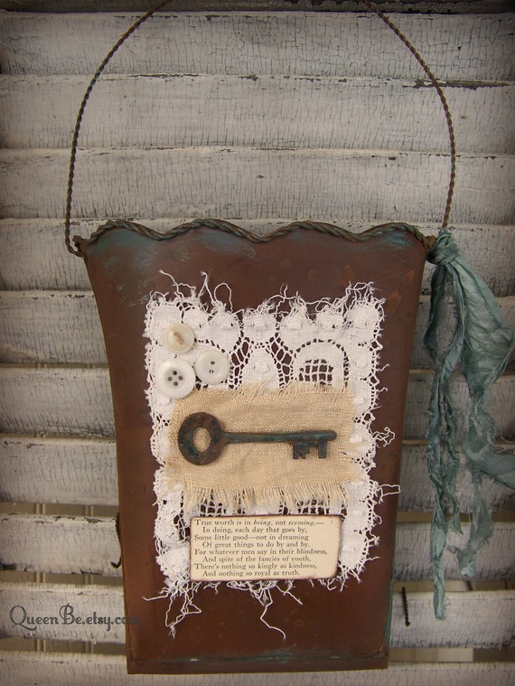 Handmade Altered Pail Altered Wall Decor Vintage Wall Pocket Vintage Mixed Media Vintage Wall Decor Vintage Lace Collage Victorian Decor