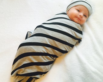 Gender Neutral Baby Swaddle Blanket and Hat Set Black and Gray Stripe // MJC0920