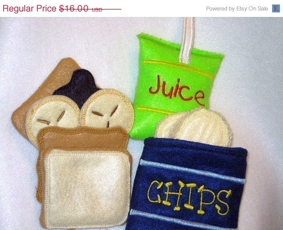 EASTER SALE Play food pretend food Peanut butter and jelly with banana sandwich plus chips and a juice box Perfect for play kitchen Il_570xn