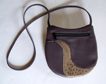 Purple Leather Purse with Ostrich Leather Inlay - Crossbody Style Festival Bag - Medium Round Handbag - Eggplant Purple Leather Purse