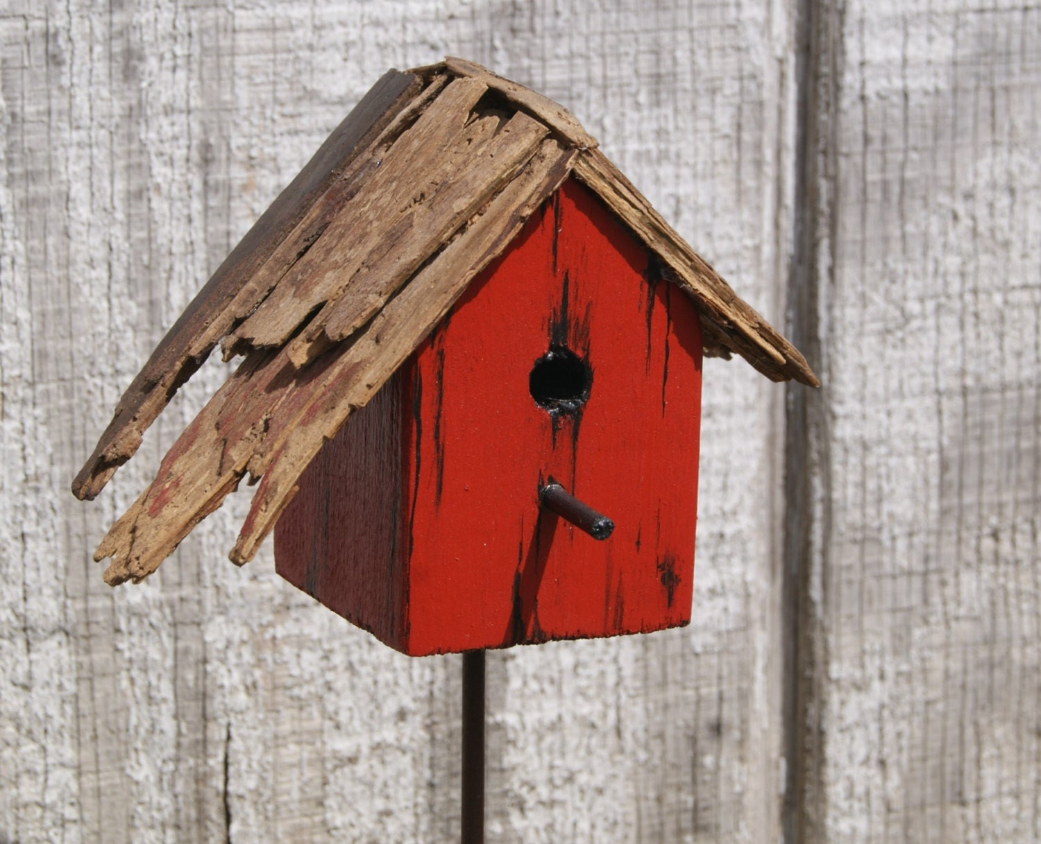 Birdhouse Garden Stake Wood Birdhouse Barn Red by HollyFerencze