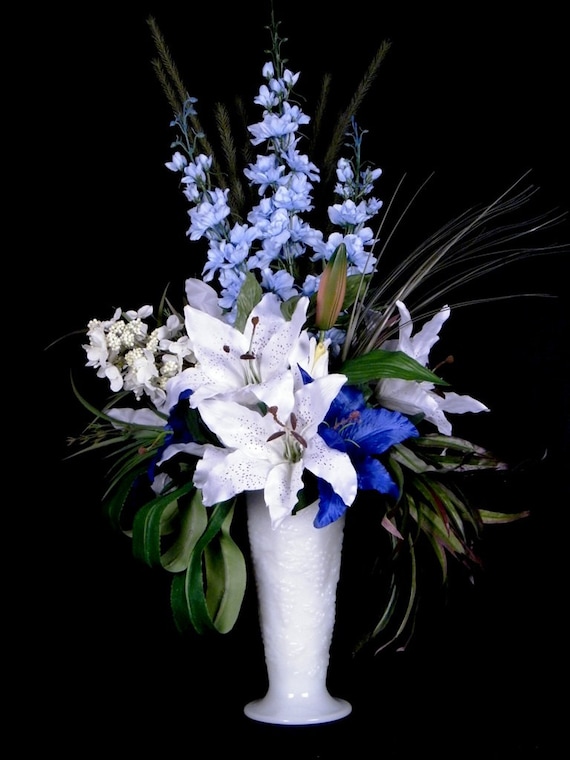 White & Blue Silk Flower Arrangement Wedding Lilies