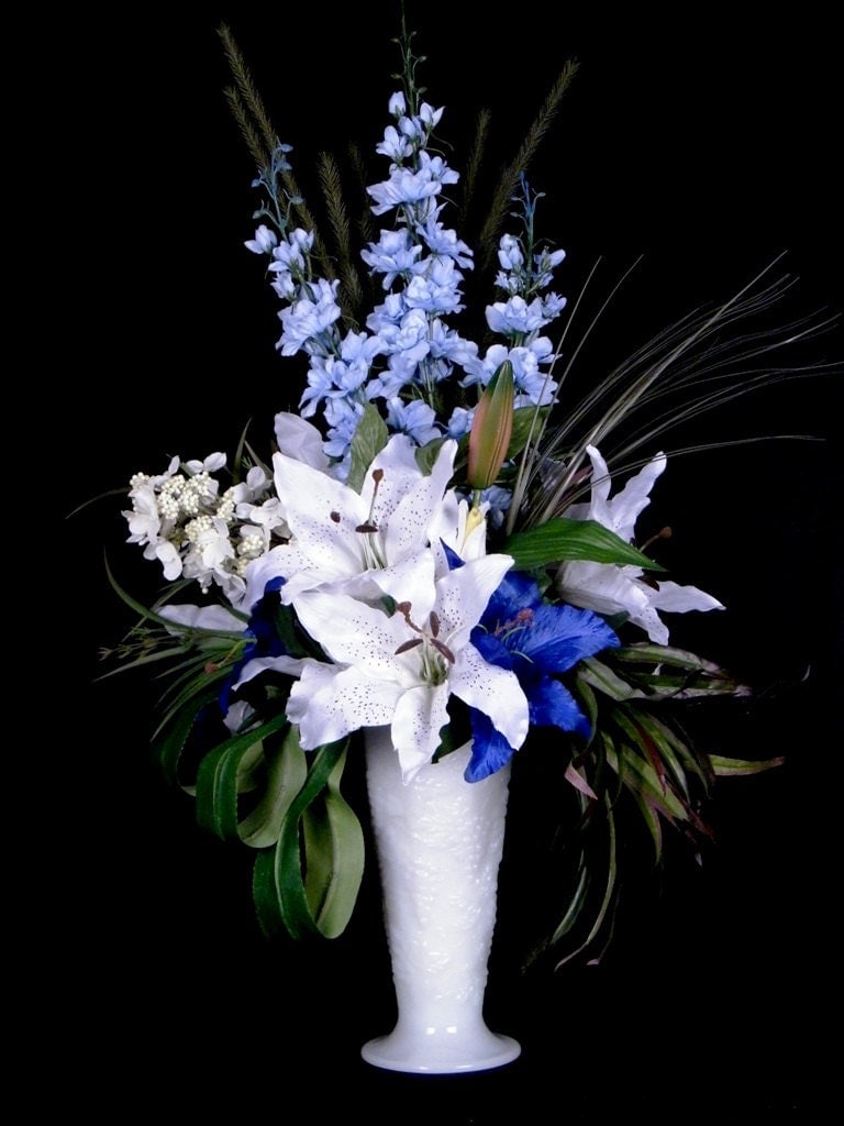 White & Blue Silk Flower Arrangement by FloralCreationbyPOMA