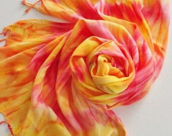 Hand Painted Fringed Scarf - Hand Dyed Scarves Fringe Orange Tangerine Red Yellow Gold Sun Fire Flame Hand Dyed Batik Tie Dye
