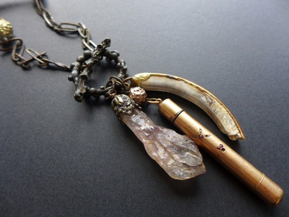 Hiraeth. Long cluster rustic assemblage victorian tribal necklace.