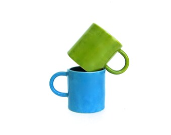 two hand built porcelain cups ... festive teal and kiwi ... set of espresso cups
