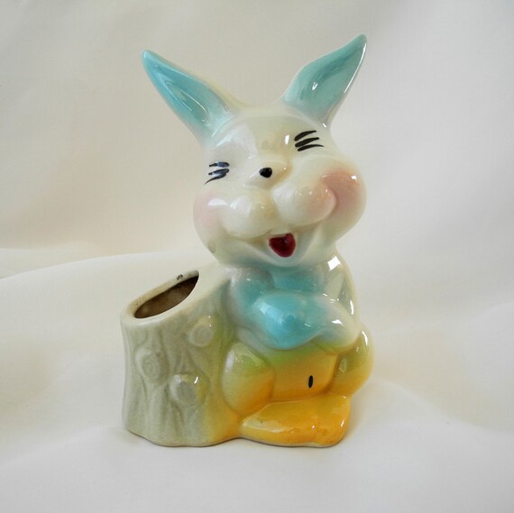 Vintage bunny rabbit planter small ceramic nursery vase 1960s