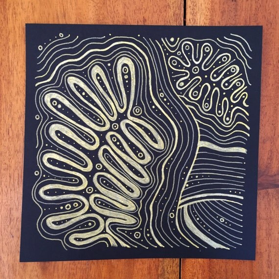 plume 6 / gold gel ink line drawing on black paper by ...