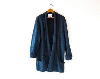 vintage long midnight blue cardigan sweater. cocoon sweater coat. pocket sweater jacket.