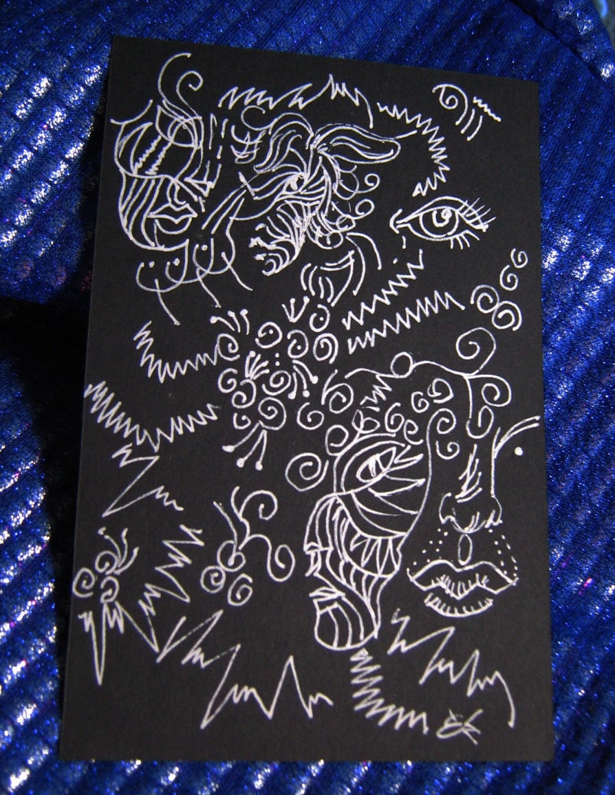 Faces doodle white ink on black paper original art