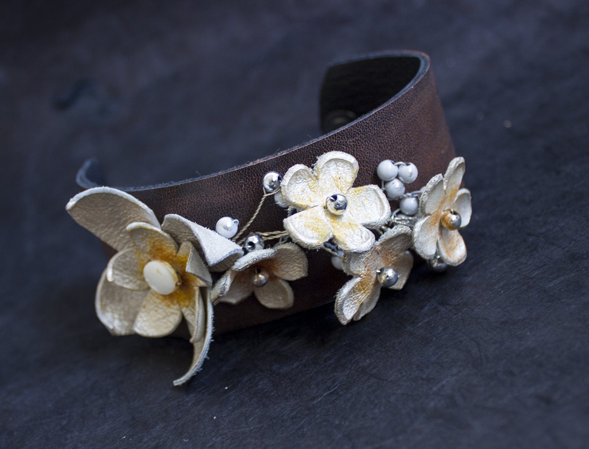 Elegant floral leather cuff bracelet OOAK designer statement