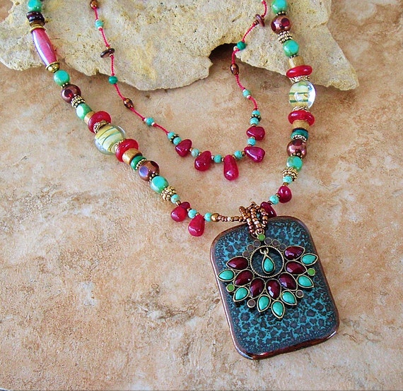 Items similar to Boho Necklace, Colorful Beaded Gypsy Necklace, Artisan